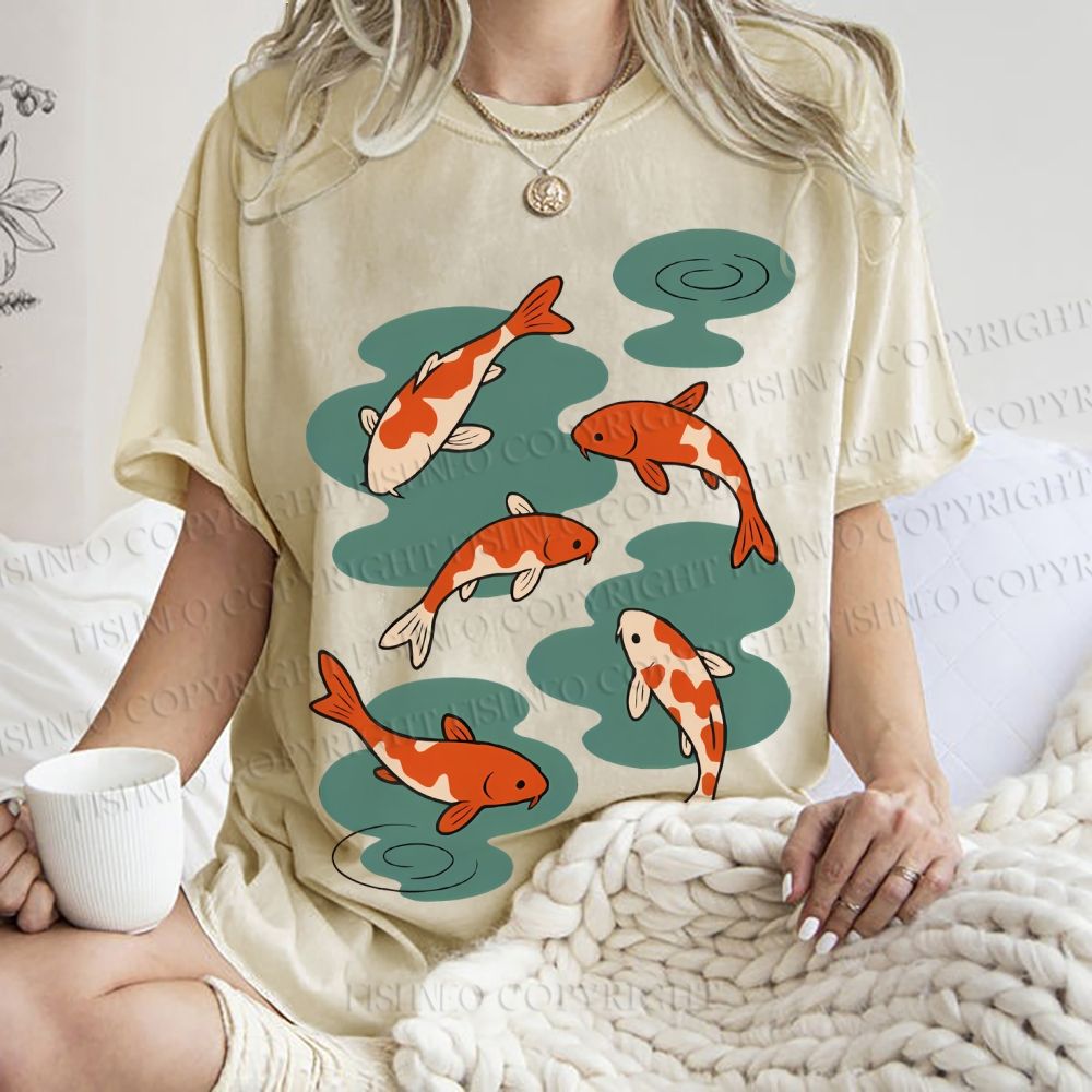 Unisex Vintage Koi Fish Printed Washed Tee