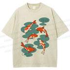 Unisex Vintage Koi Fish Printed Washed Tee