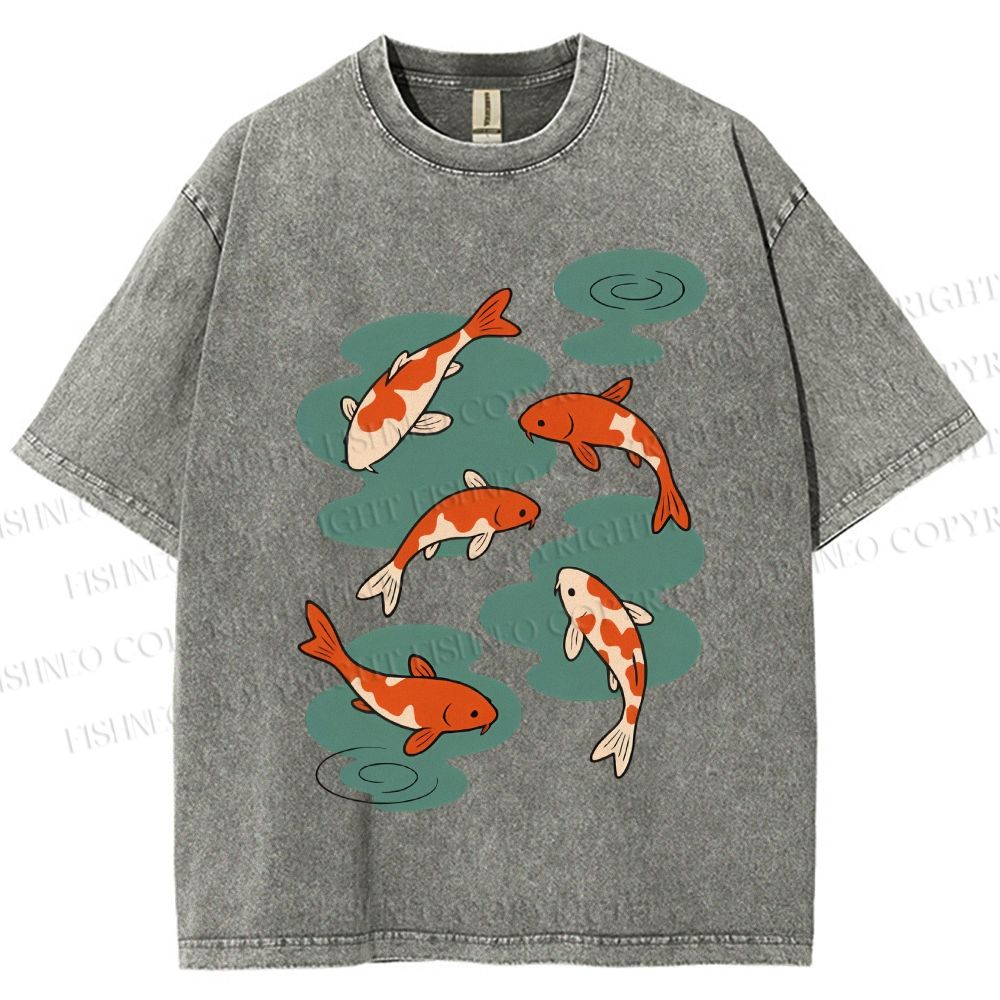 Unisex Vintage Koi Fish Printed Washed Tee