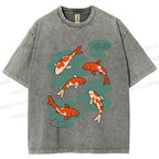 Unisex Vintage Koi Fish Printed Washed Tee