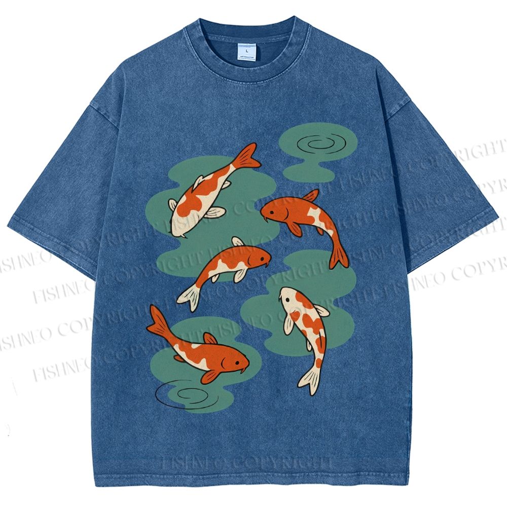 Unisex Vintage Koi Fish Printed Washed Tee