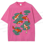 Unisex Vintage Koi Fish Printed Washed Tee