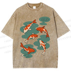 Unisex Vintage Koi Fish Printed Washed Tee