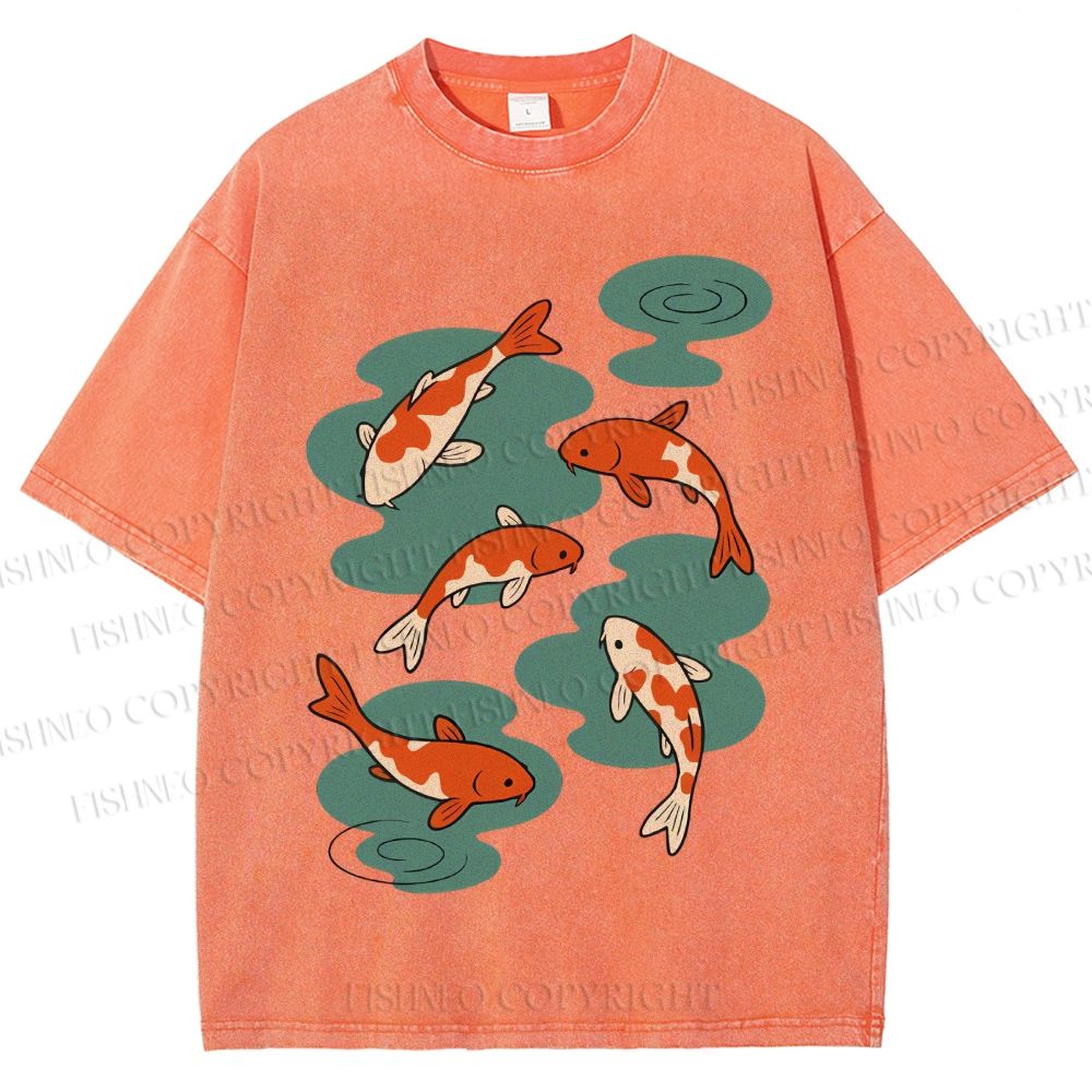 Unisex Vintage Koi Fish Printed Washed Tee