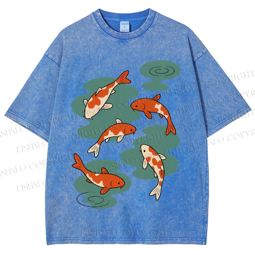Unisex Vintage Koi Fish Printed Washed Tee