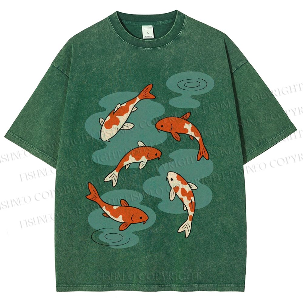 Unisex Vintage Koi Fish Printed Washed Tee