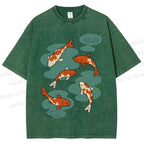 Unisex Vintage Koi Fish Printed Washed Tee