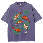 Unisex Vintage Koi Fish Printed Washed Tee