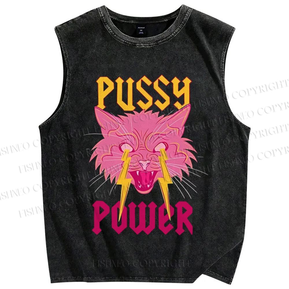 Unisex Cat Pussay Power Printed Washed Tank Top