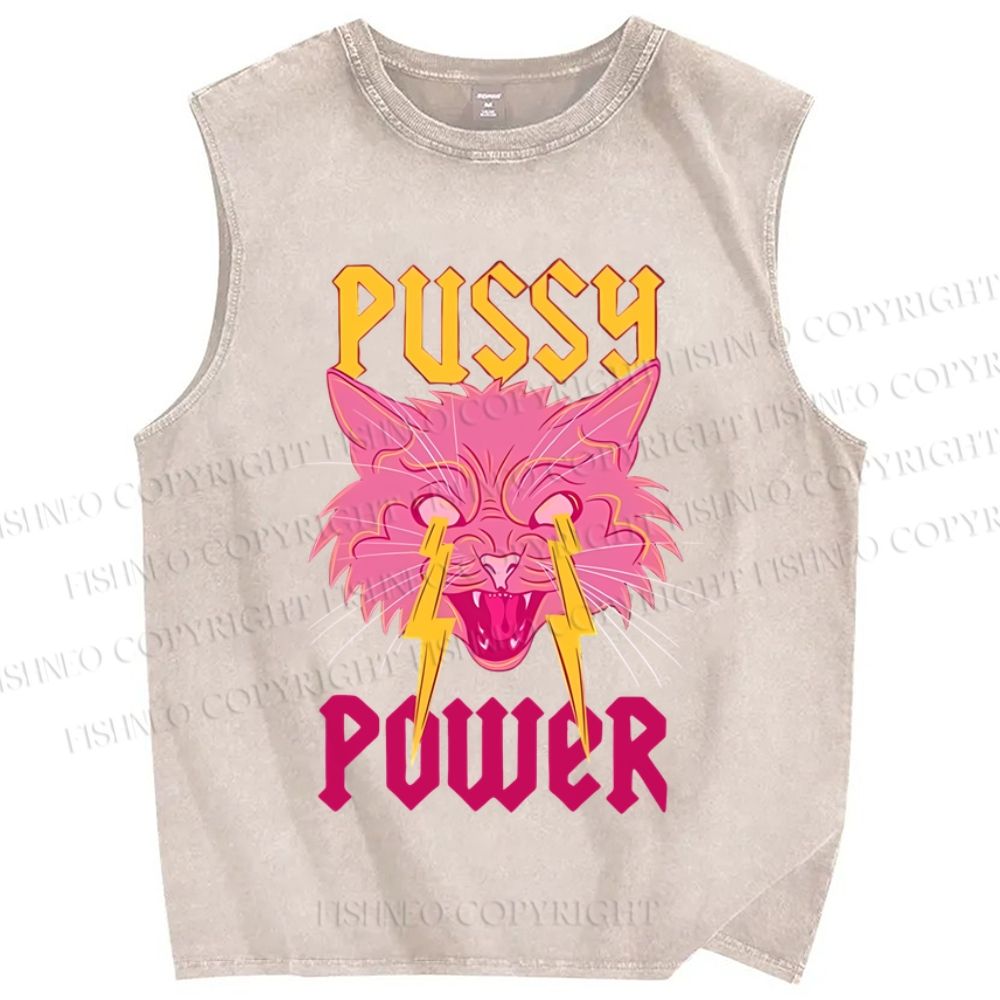 Unisex Cat Pussay Power Printed Washed Tank Top