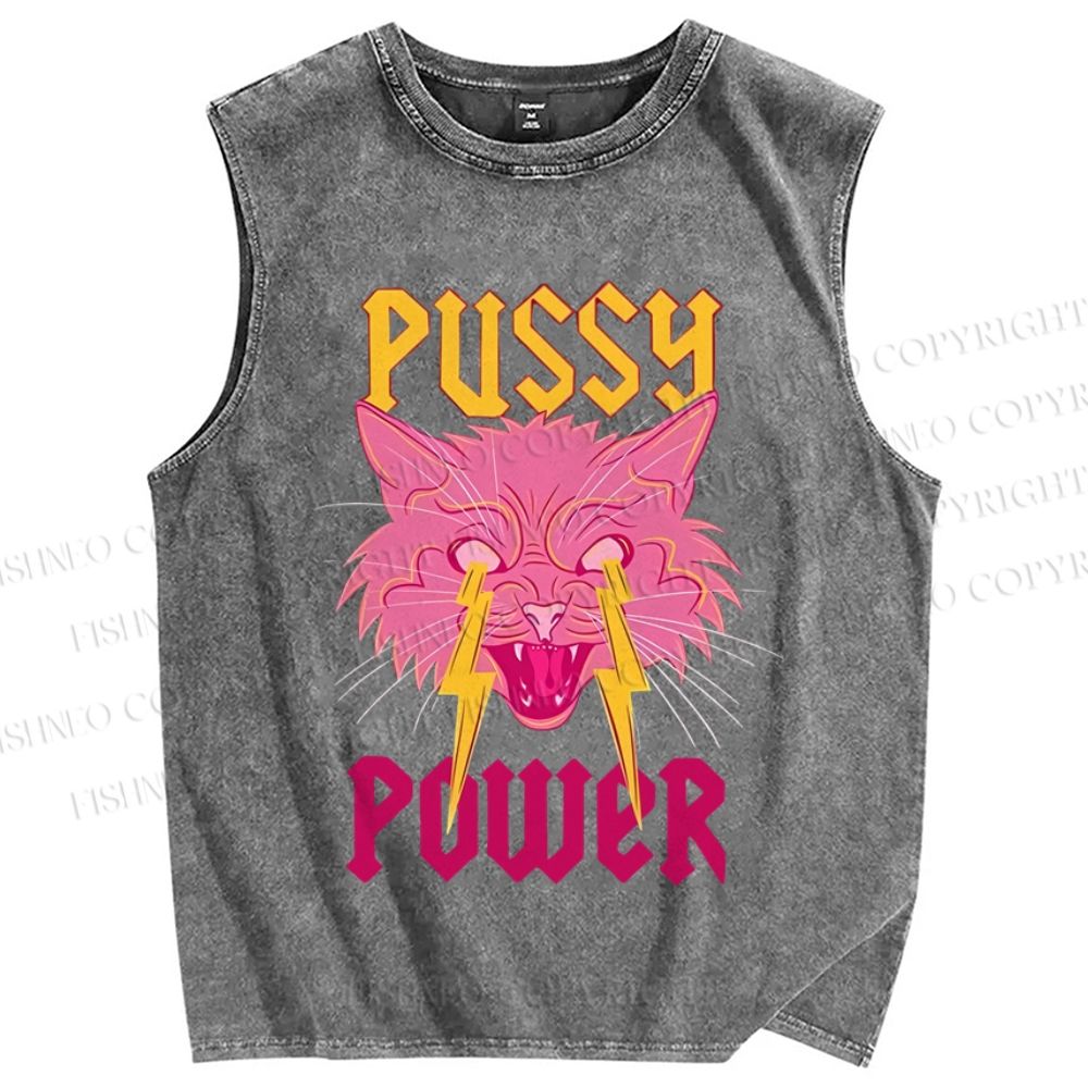 Unisex Cat Pussay Power Printed Washed Tank Top