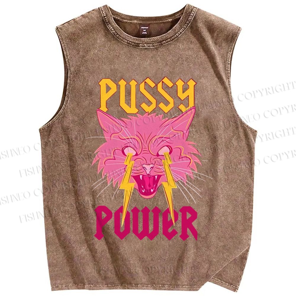 Unisex Cat Pussay Power Printed Washed Tank Top