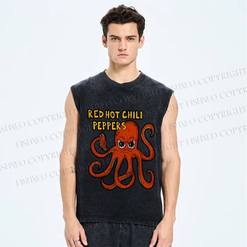 Unisex Vintage Octopus Red Hot Chili Pepper Printed Washed Tank Top
