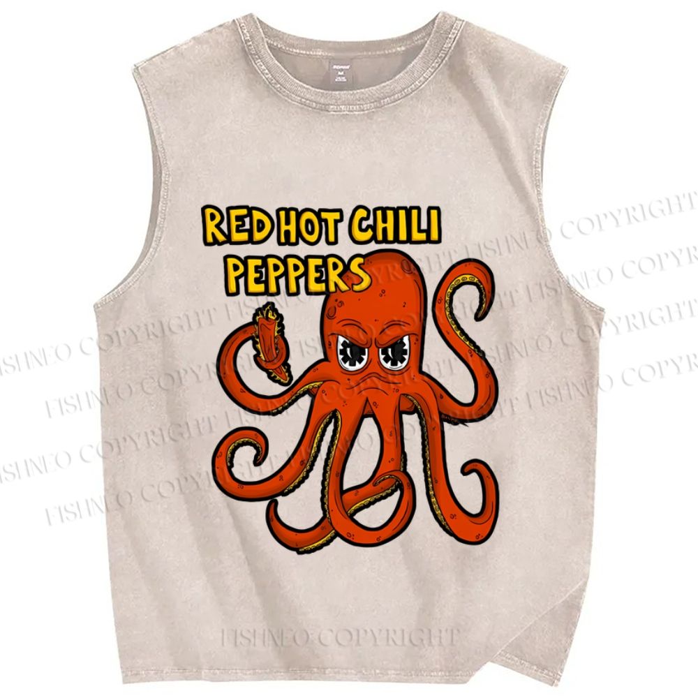 Unisex Vintage Octopus Red Hot Chili Pepper Printed Washed Tank Top
