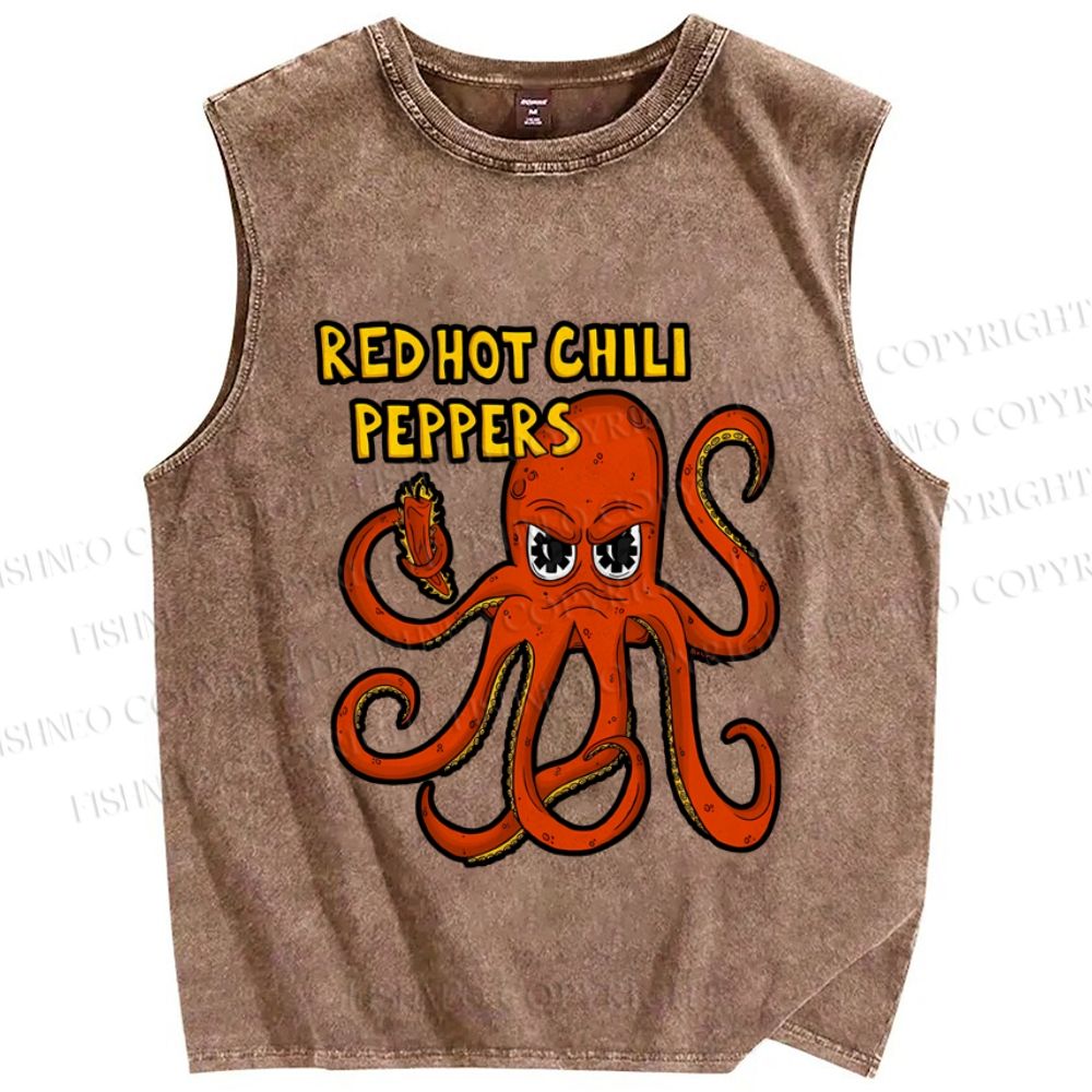 Unisex Vintage Octopus Red Hot Chili Pepper Printed Washed Tank Top
