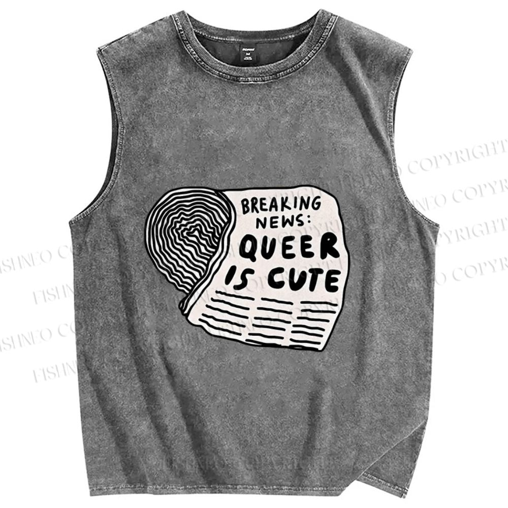 Unisex Pride Queer Is Cute Printed Washed Tank Top