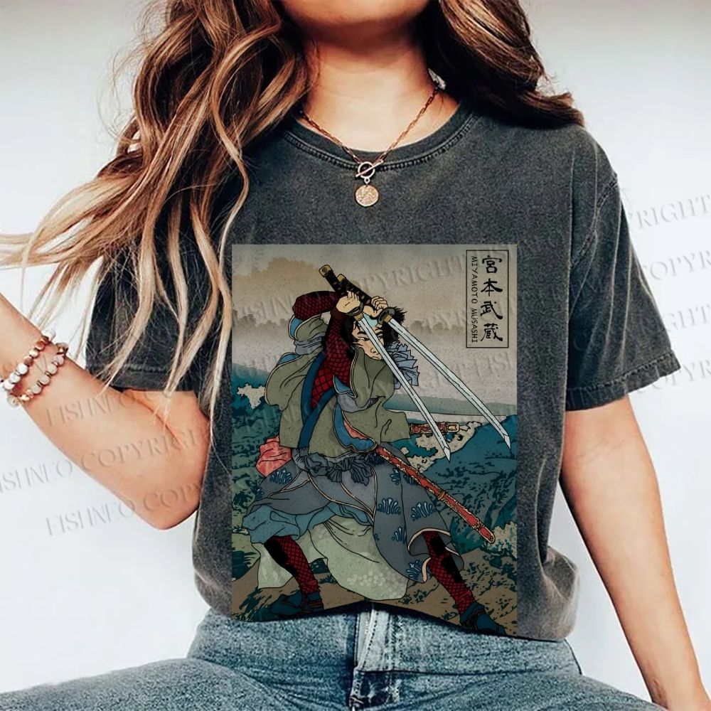 Unisex Japanese Ukiyo-e Miyamoto Musashi Vintage Printed Washed Tee