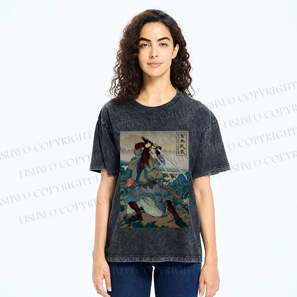 Unisex Japanese Ukiyo-e Miyamoto Musashi Vintage Printed Washed Tee