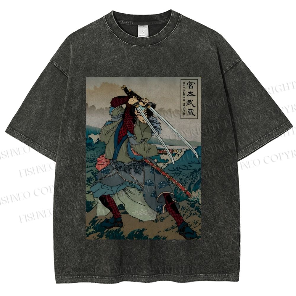 Unisex Japanese Ukiyo-e Miyamoto Musashi Vintage Printed Washed Tee
