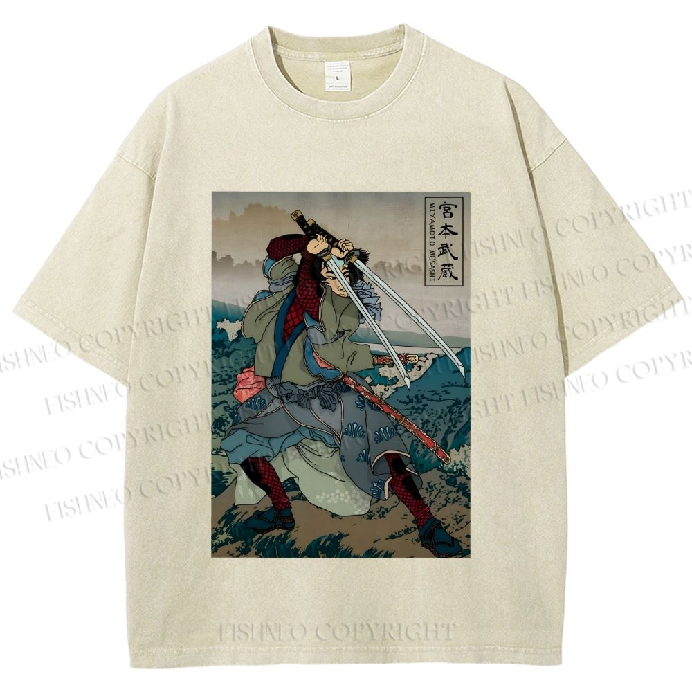 Unisex Japanese Ukiyo-e Miyamoto Musashi Vintage Printed Washed Tee