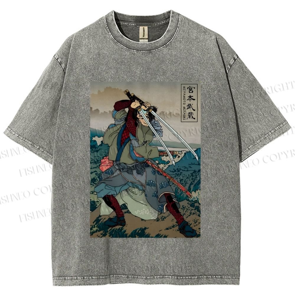 Unisex Japanese Ukiyo-e Miyamoto Musashi Vintage Printed Washed Tee