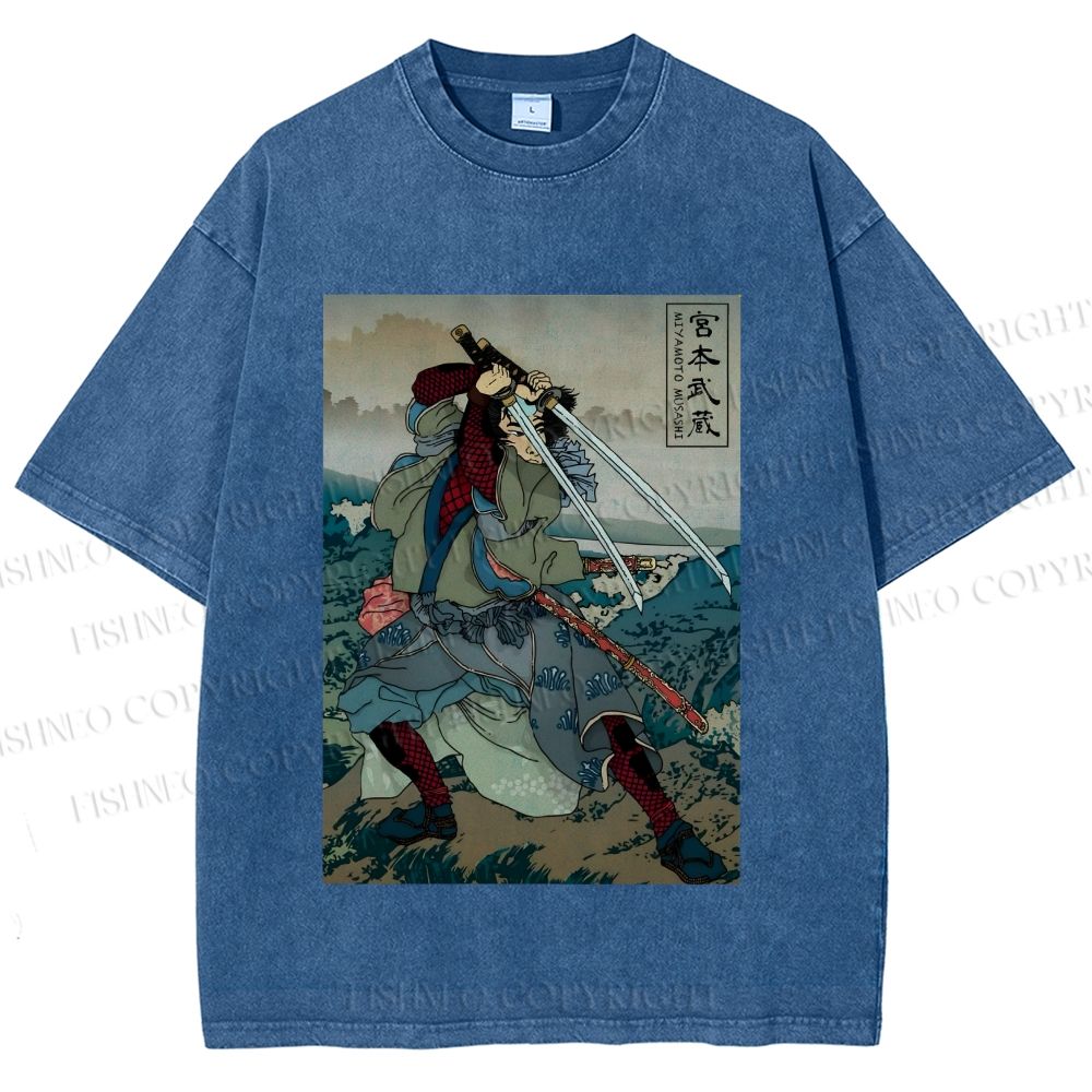 Unisex Japanese Ukiyo-e Miyamoto Musashi Vintage Printed Washed Tee