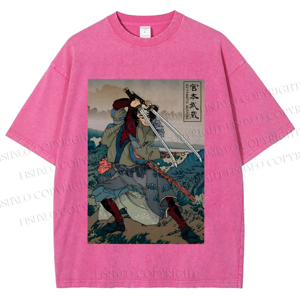 Unisex Japanese Ukiyo-e Miyamoto Musashi Vintage Printed Washed Tee
