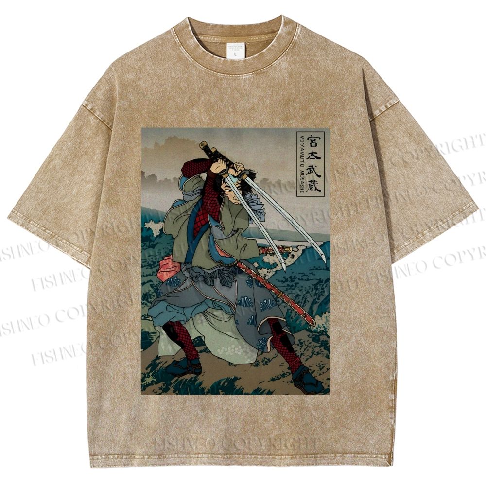 Unisex Japanese Ukiyo-e Miyamoto Musashi Vintage Printed Washed Tee