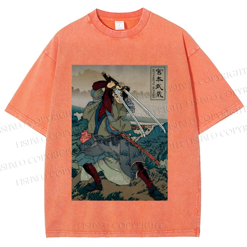 Unisex Japanese Ukiyo-e Miyamoto Musashi Vintage Printed Washed Tee