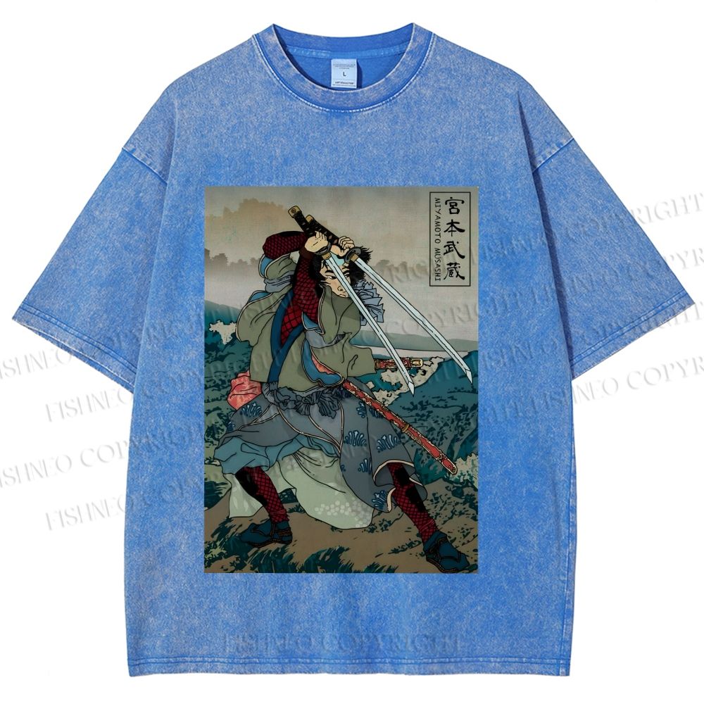 Unisex Japanese Ukiyo-e Miyamoto Musashi Vintage Printed Washed Tee