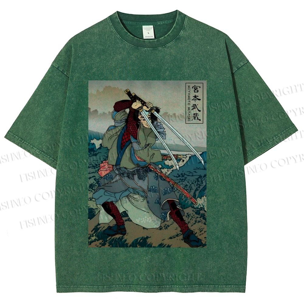 Unisex Japanese Ukiyo-e Miyamoto Musashi Vintage Printed Washed Tee