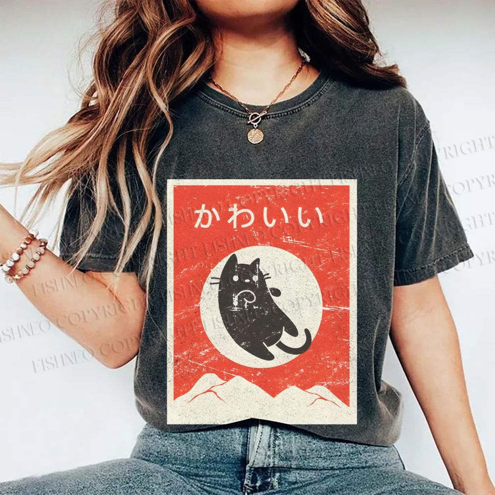 Unisex Cute Black Cat Japanese Printed Washed Tee