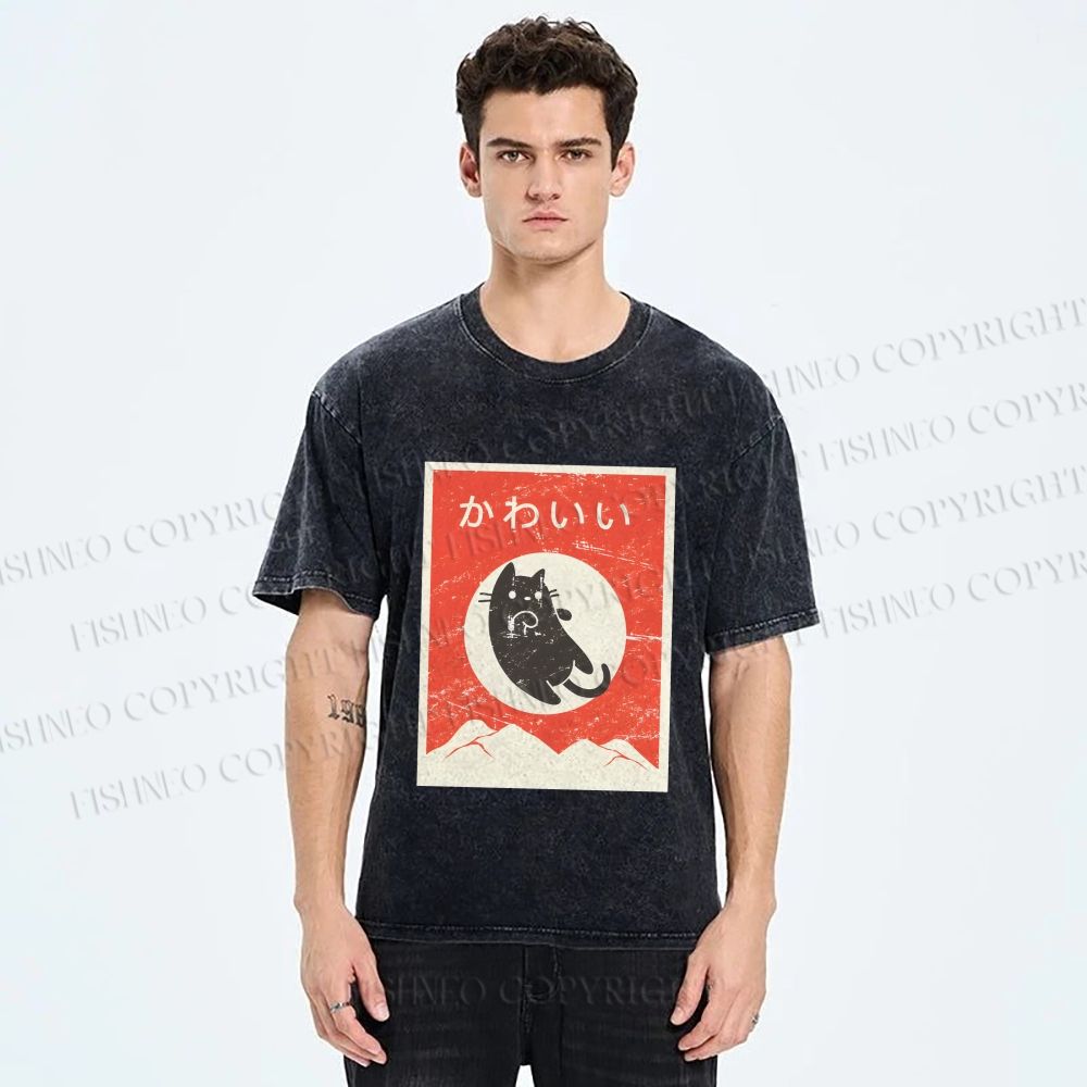 Unisex Cute Black Cat Japanese Printed Washed Tee