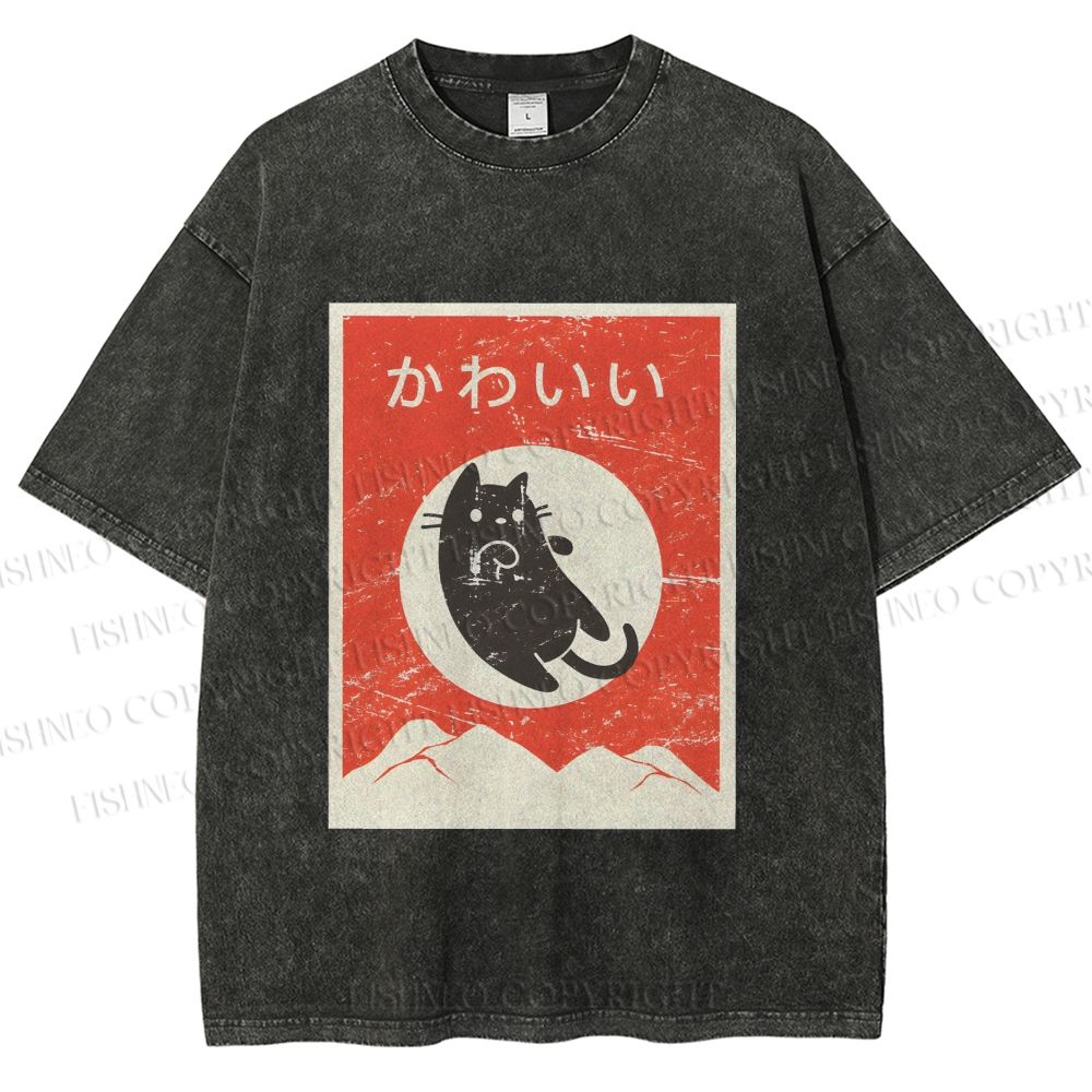 Unisex Cute Black Cat Japanese Printed Washed Tee