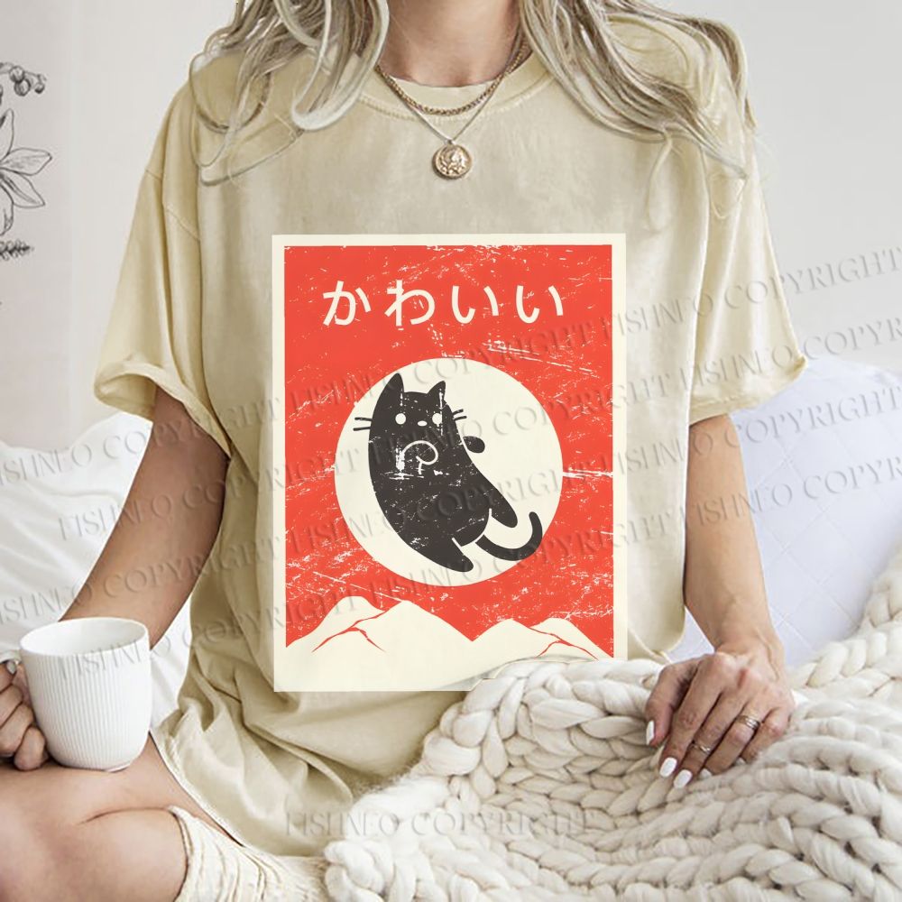 Unisex Cute Black Cat Japanese Printed Washed Tee