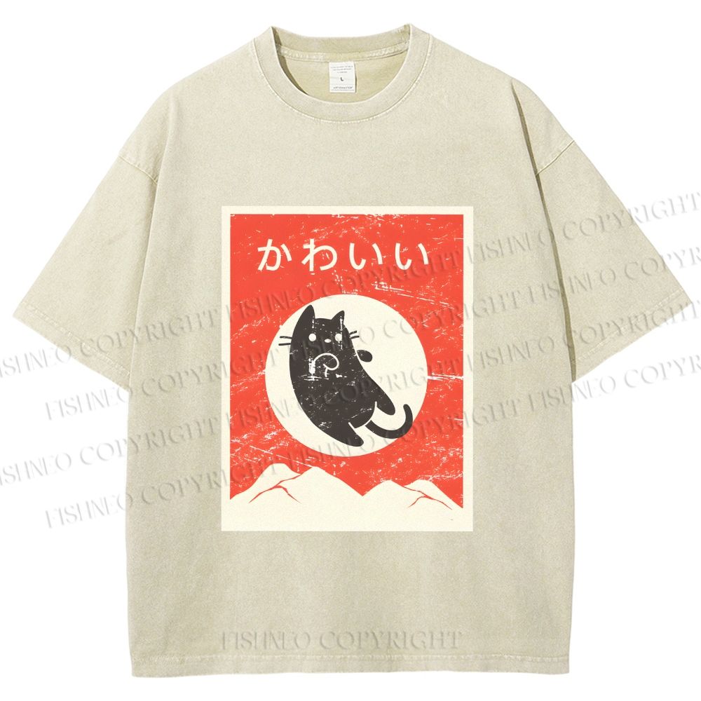 Unisex Cute Black Cat Japanese Printed Washed Tee