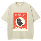 Unisex Cute Black Cat Japanese Printed Washed Tee