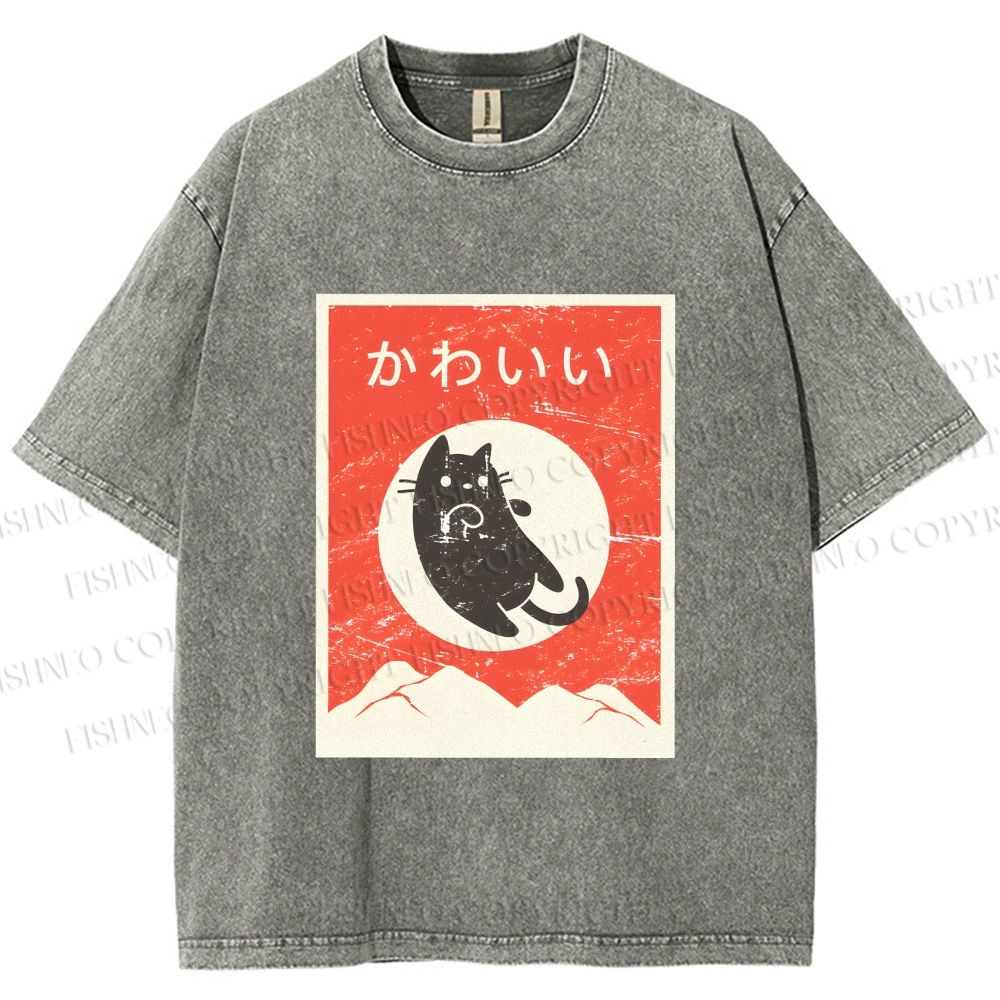 Unisex Cute Black Cat Japanese Printed Washed Tee