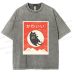 Unisex Cute Black Cat Japanese Printed Washed Tee