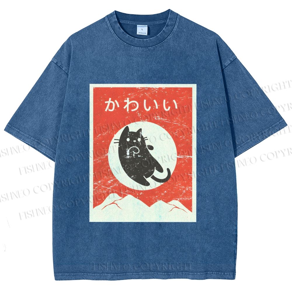 Unisex Cute Black Cat Japanese Printed Washed Tee