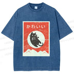 Unisex Cute Black Cat Japanese Printed Washed Tee