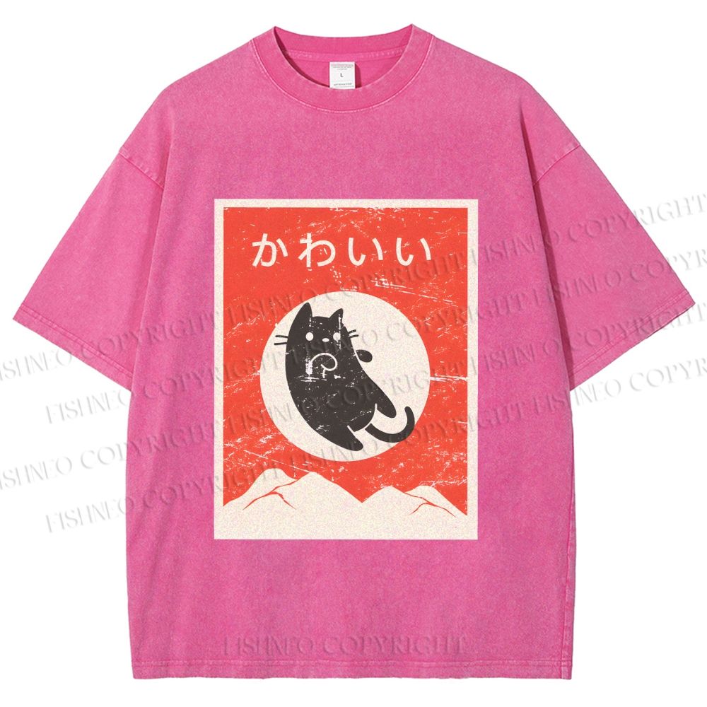 Unisex Cute Black Cat Japanese Printed Washed Tee