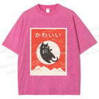 Unisex Cute Black Cat Japanese Printed Washed Tee