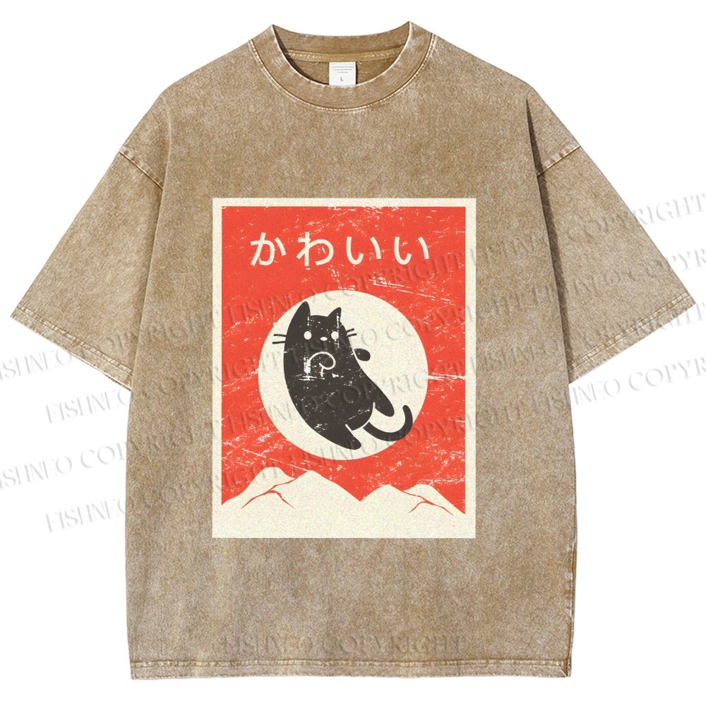 Unisex Cute Black Cat Japanese Printed Washed Tee