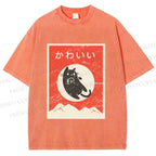 Unisex Cute Black Cat Japanese Printed Washed Tee