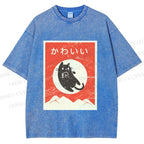 Unisex Cute Black Cat Japanese Printed Washed Tee