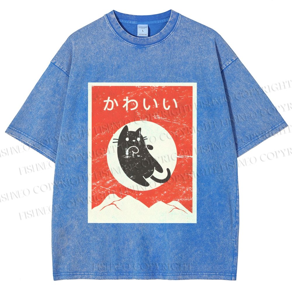 Unisex Cute Black Cat Japanese Printed Washed Tee