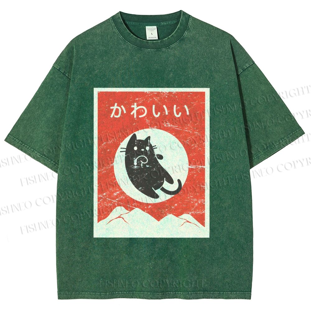 Unisex Cute Black Cat Japanese Printed Washed Tee