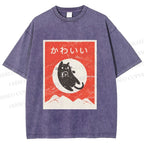 Unisex Cute Black Cat Japanese Printed Washed Tee