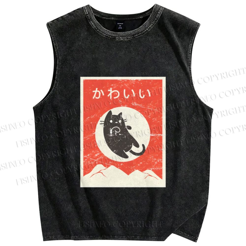Unisex Cute Black Cat Japanese Printed Washed Tank Top